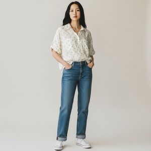 Madewell Sun Embroidered White & Yellow Courier Oversized Blouse Shirt Large‎